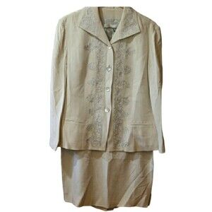 Dana Buchman 100% Silk Cream Ribbon Embroidered Skirt Suit 12/14